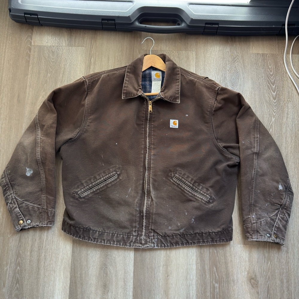 VTG Carhartt Detroit Jacket J97 DKB Brown Blanket Lined Distressed Faded Size XL